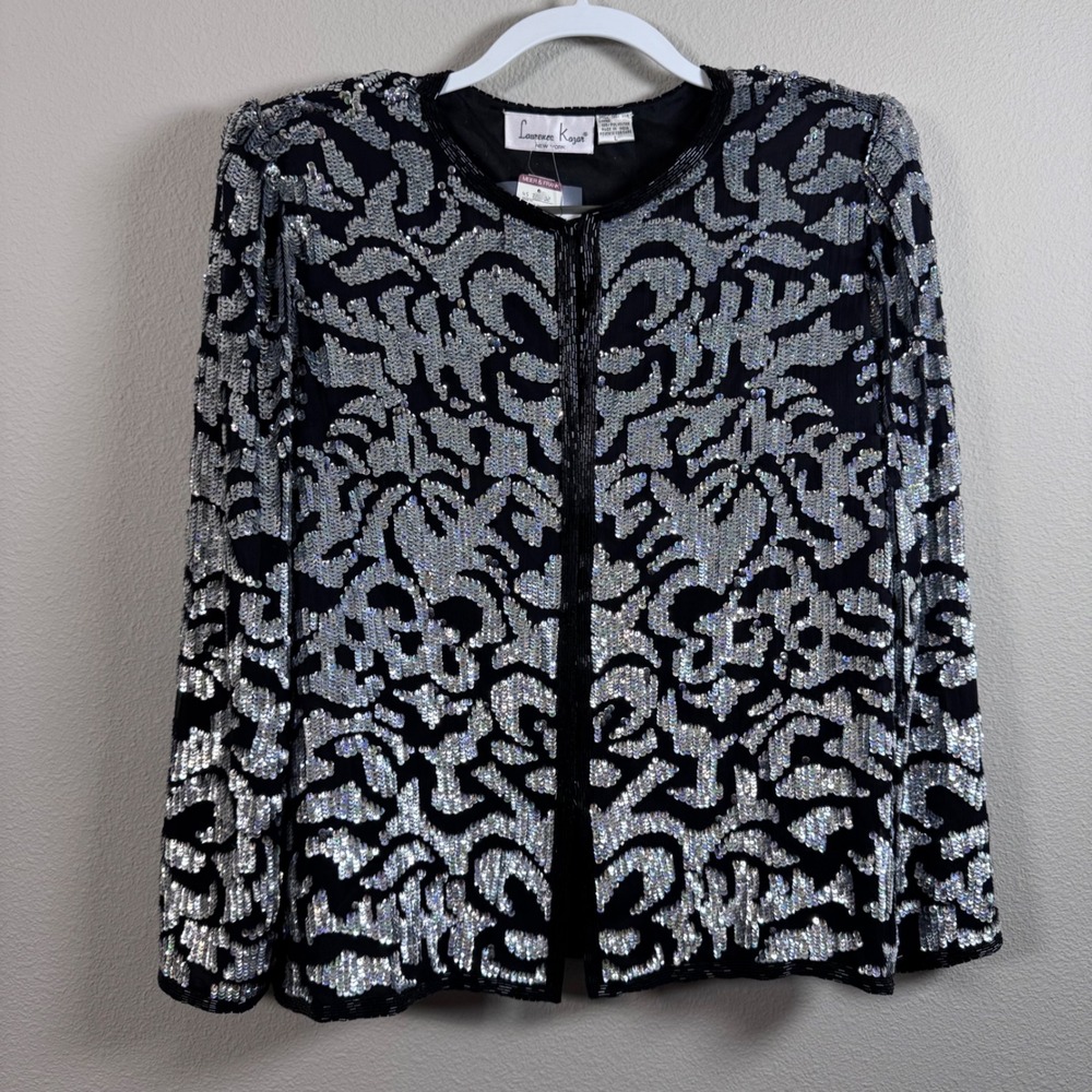 NWT Vtg LAWRENCE KAZAR Women's Large Silk Cocktail Jacket Black/Silver Sequins